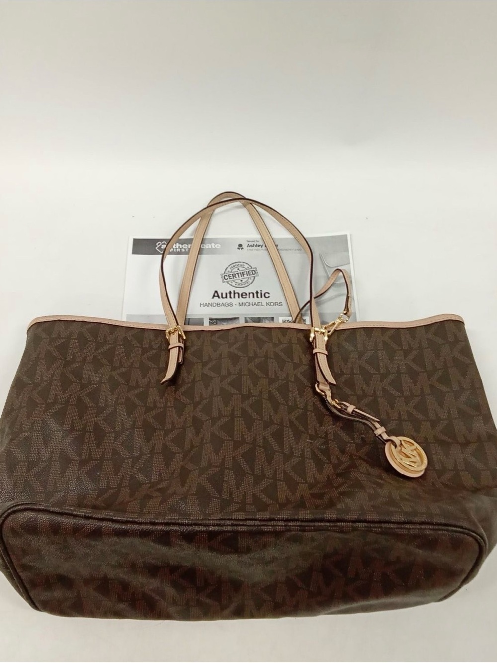 Michael Kors Brown Logo Tote with Tan Trim and Gold Charm